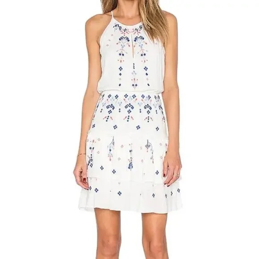 Parker White and Blue Embroidered Mini Dress
